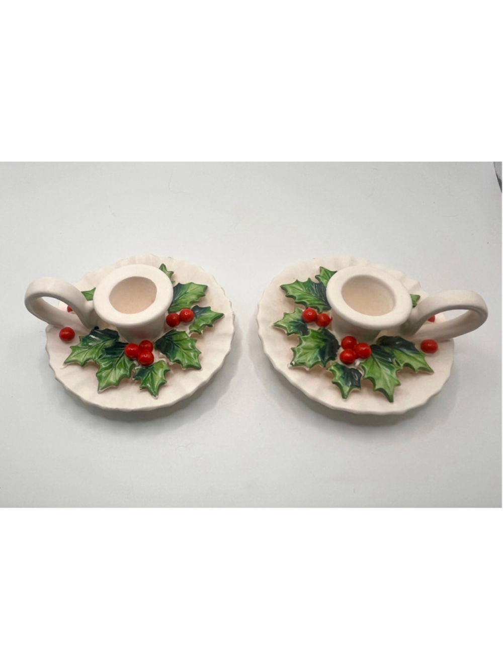 Vintage Holt Howard 1962 Holly Berry Candle Holders Pair Christmas Chamberstick
